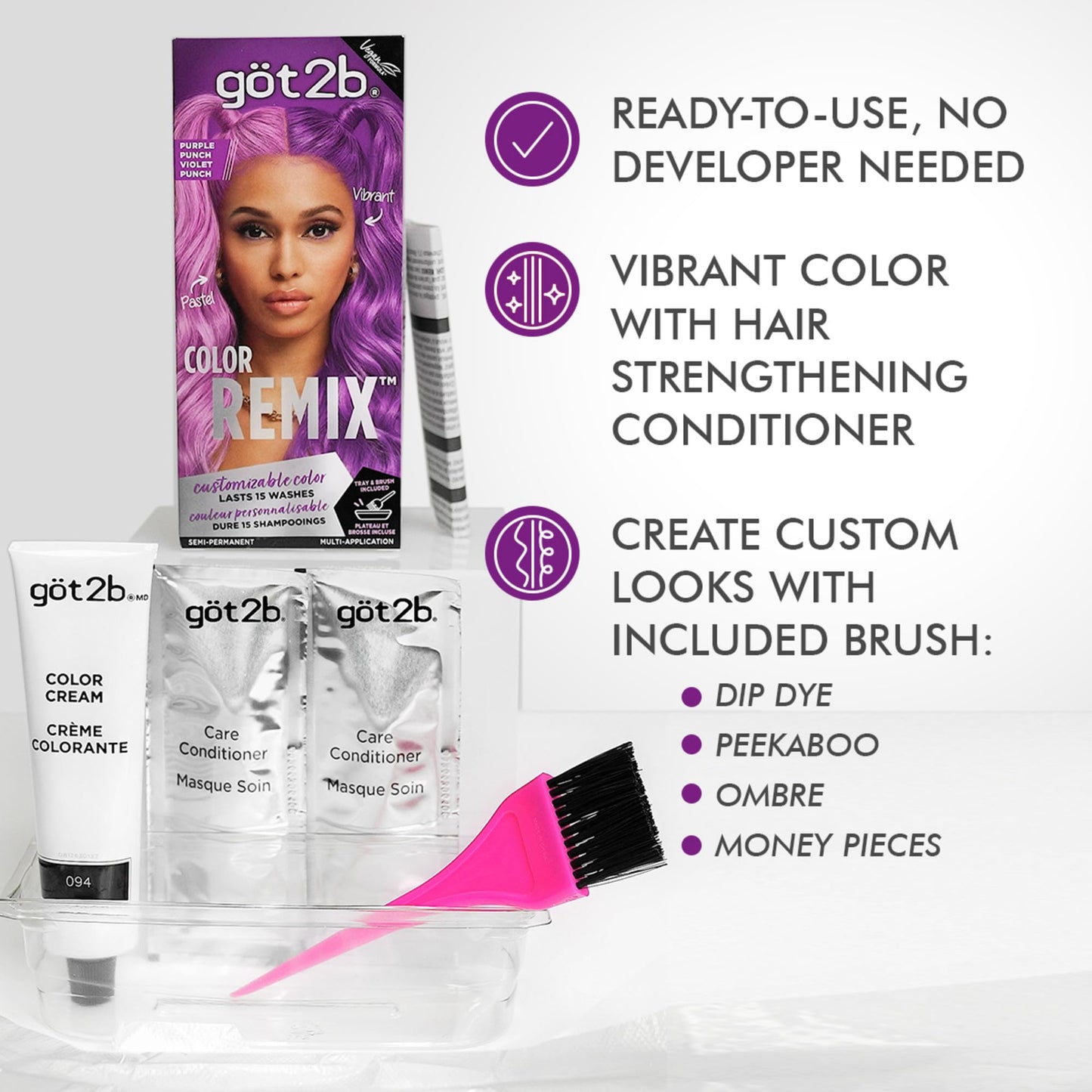 got2b Color Remix Semi-Permanent Hair Color, Purple Punch 094, Customizable Temporary Hair Dye to Create A Vibrant or Pastel Shade, Easy At-Home