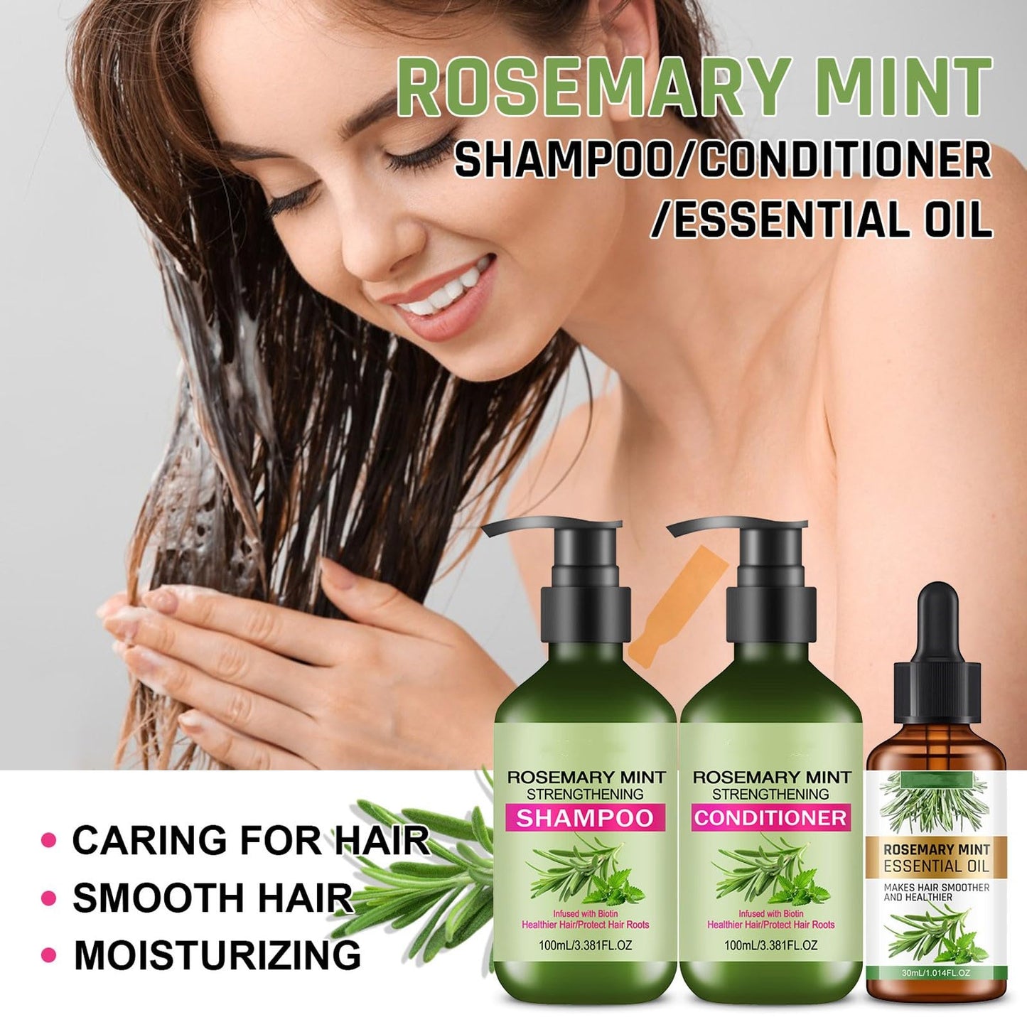 Rosemary Mint Strengthening Shampoo and Conditioner with Hair Oil, Rosemary Hair Treatment Set For Strengthens Hair, Nourish & Smooth for Thin Hair