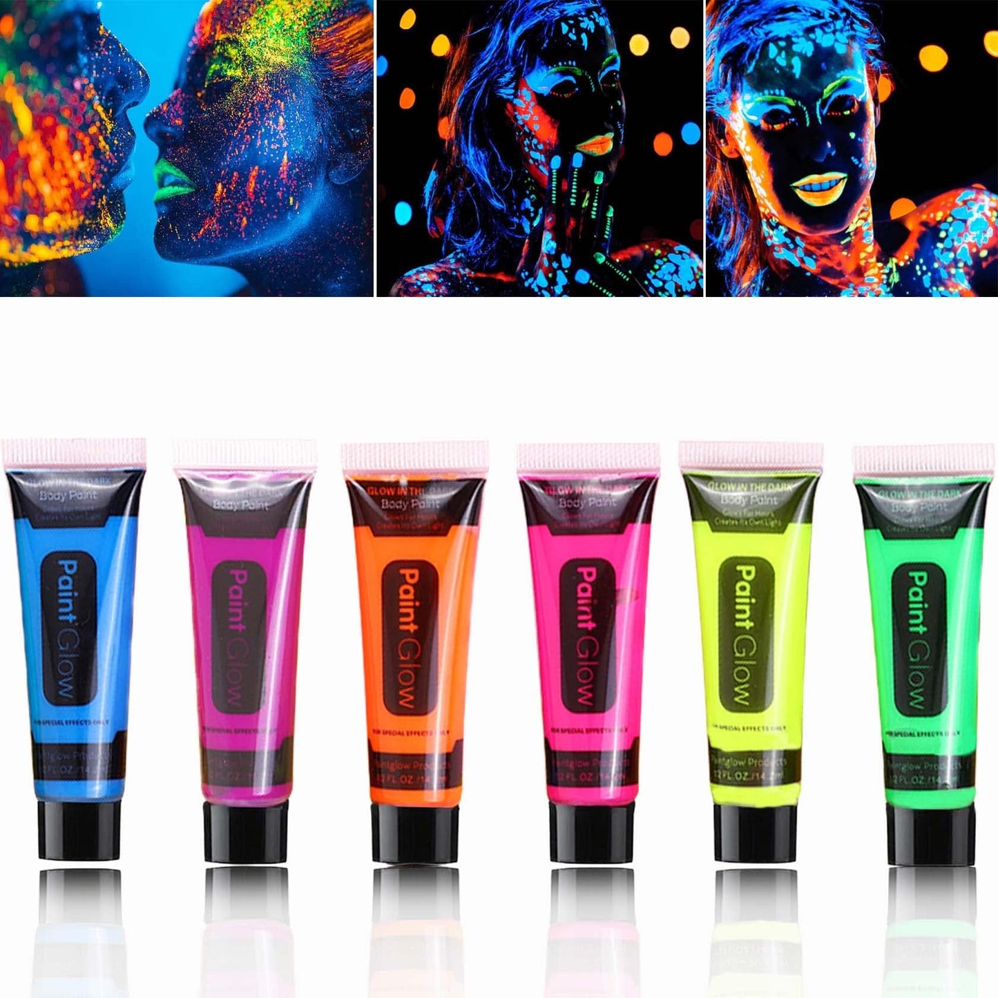 6 Pcs Glow in the Dark Face Body Paint,Blacklight Neon Face & Body Paints,Easily Cleanable Paint Set Neon Makeup Glow in the Dark Party Supplies