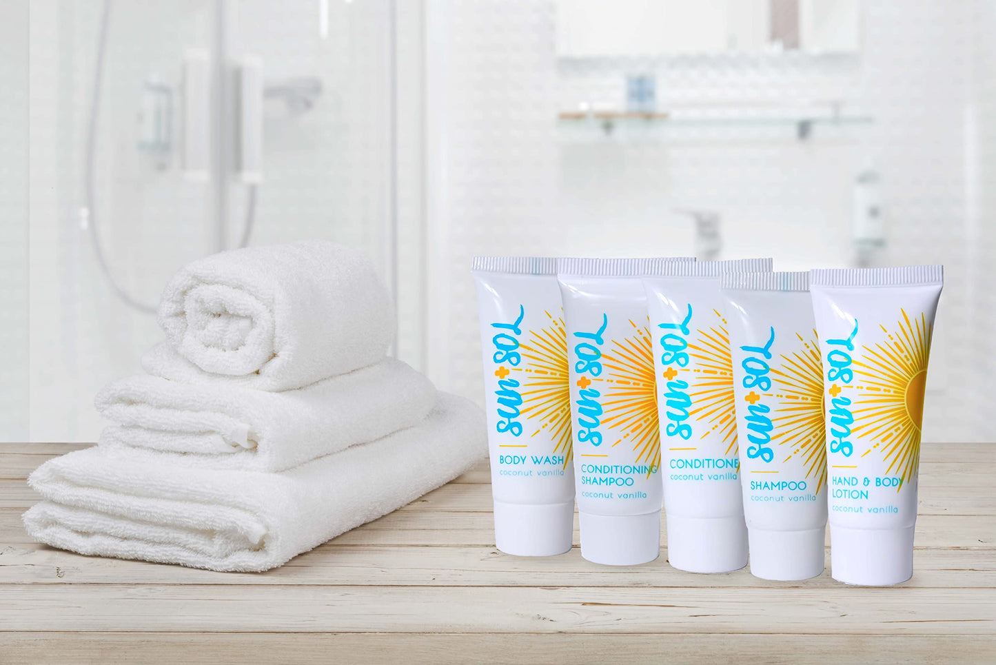 World Amenities Sun + Sol Bulk Hydrating Conditioner with Warm Coconut & Vanilla Fragrances, Travel Size Toiletries, Mini Hotel Amenities, 0.7 Oz, 50