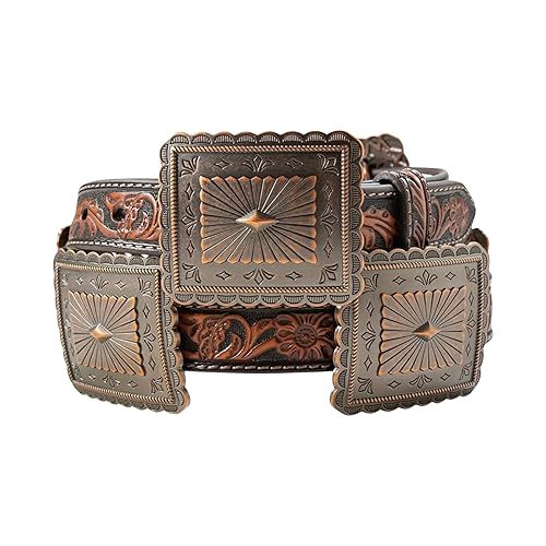 ARIAT Women's Floral Embossed Scalloped Concho Leather Belt, Brown, Large