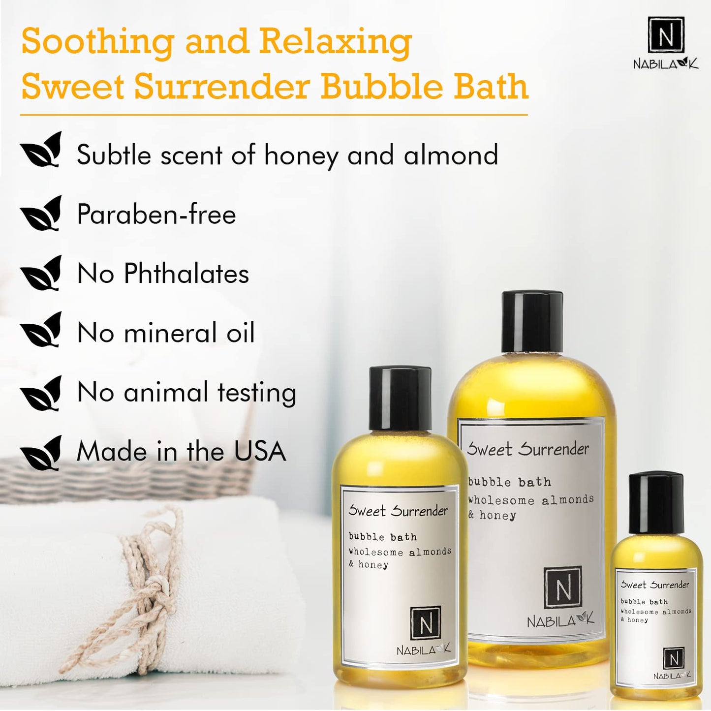 Sweet Surrender Bubble Bath with Almond & Honey Scent by Nabila K - Essential Oils with Natural Ingredients for Sensitive Skin, Tear-Free, Gentle
