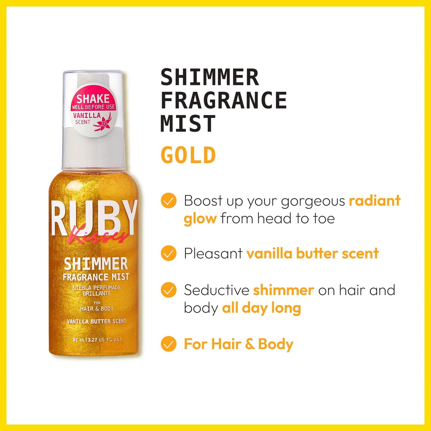Ruby Kisses Shimmer Fragrance Body and Hair Mist Spray, Vanilla Glitter Body Perfume Spray, Skin Perfume, Liquid Illuminator Highlighter for Skin