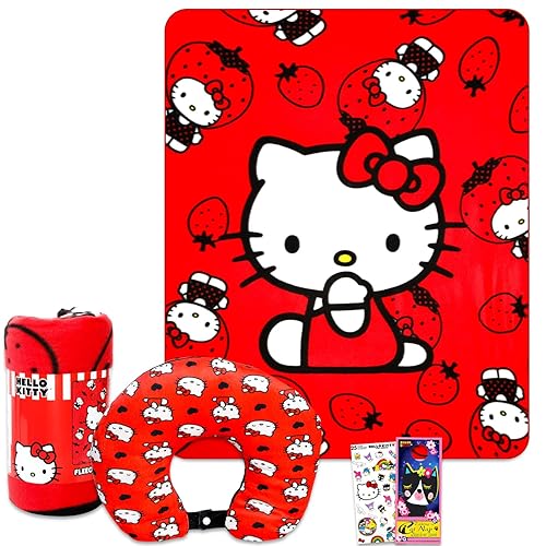 SANRIO Hello Kitty Travel Blanket and Pillow Set for Girls Bundle with Blanket, Pillow, Stickers, More | Hello Kitty Travel Accessories for Kids,…