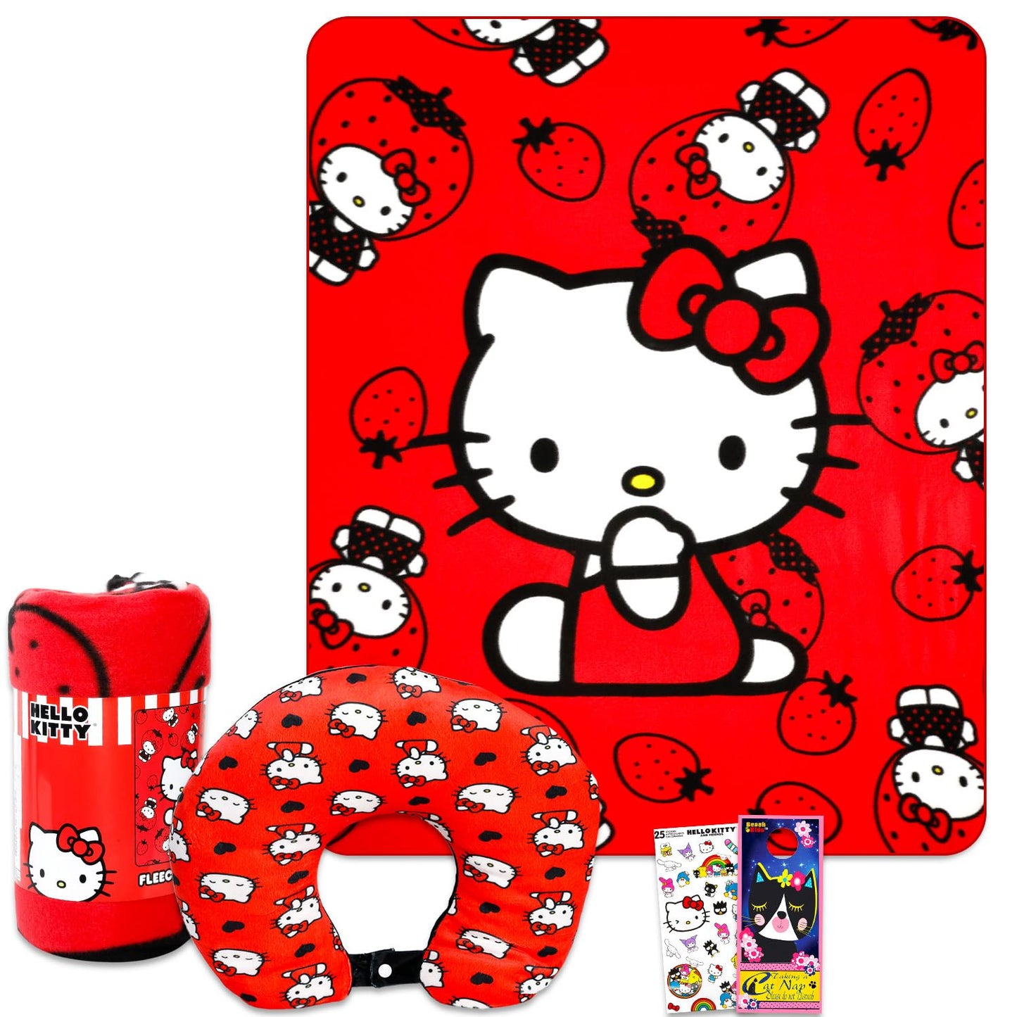 SANRIO Hello Kitty Travel Blanket and Pillow Set for Girls Bundle with Blanket, Pillow, Stickers, More | Hello Kitty Travel Accessories for Kids,…