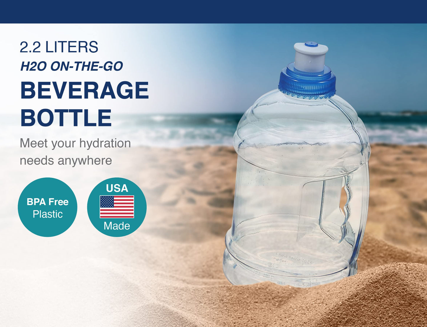 Arrow H2O On The Go Water Bottle, 2.2 Liter - Large Clear Plastic Water Bottle with Push Cap - Made in the USA, BPA Free - Built-In Convenient