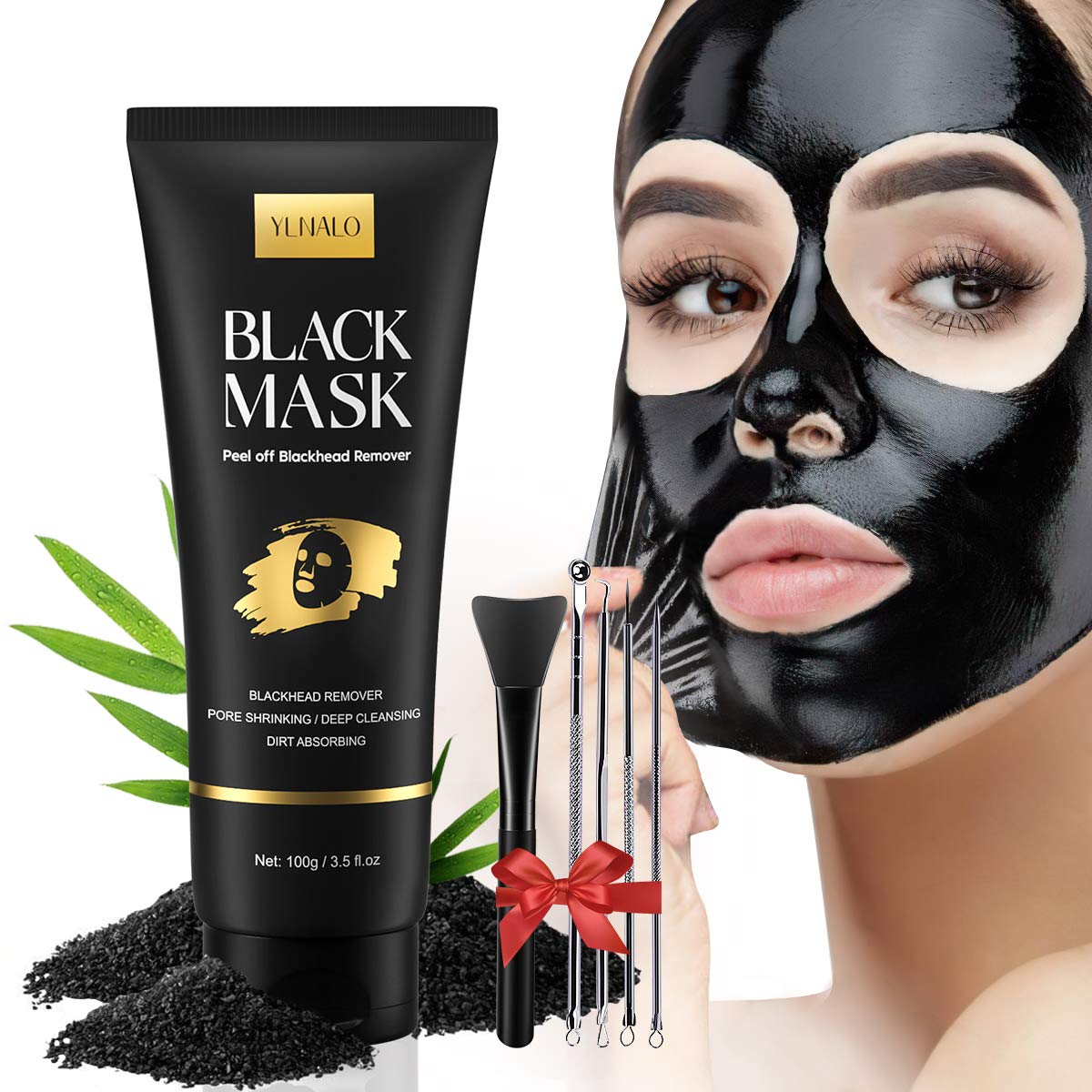 YLNALO Blackhead Remover Mask Kit, Charcoal Peel Off Facial Mask with Brush and Pimple Extractors, Deep Cleansing for Face Nose Blackhead Pores Acne