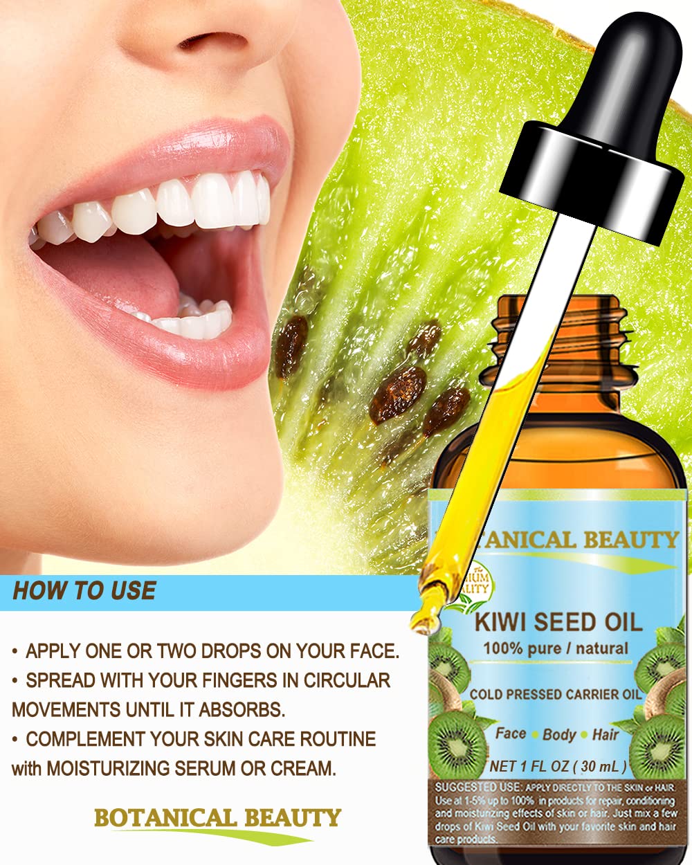 Botanical Beauty KIWI SEED OIL. 100% Pure Natural Undiluted Virgin Cold Pressed Carrier Oil for Face, Skin, Body, Hair, Nail Care (4 Fl Oz)