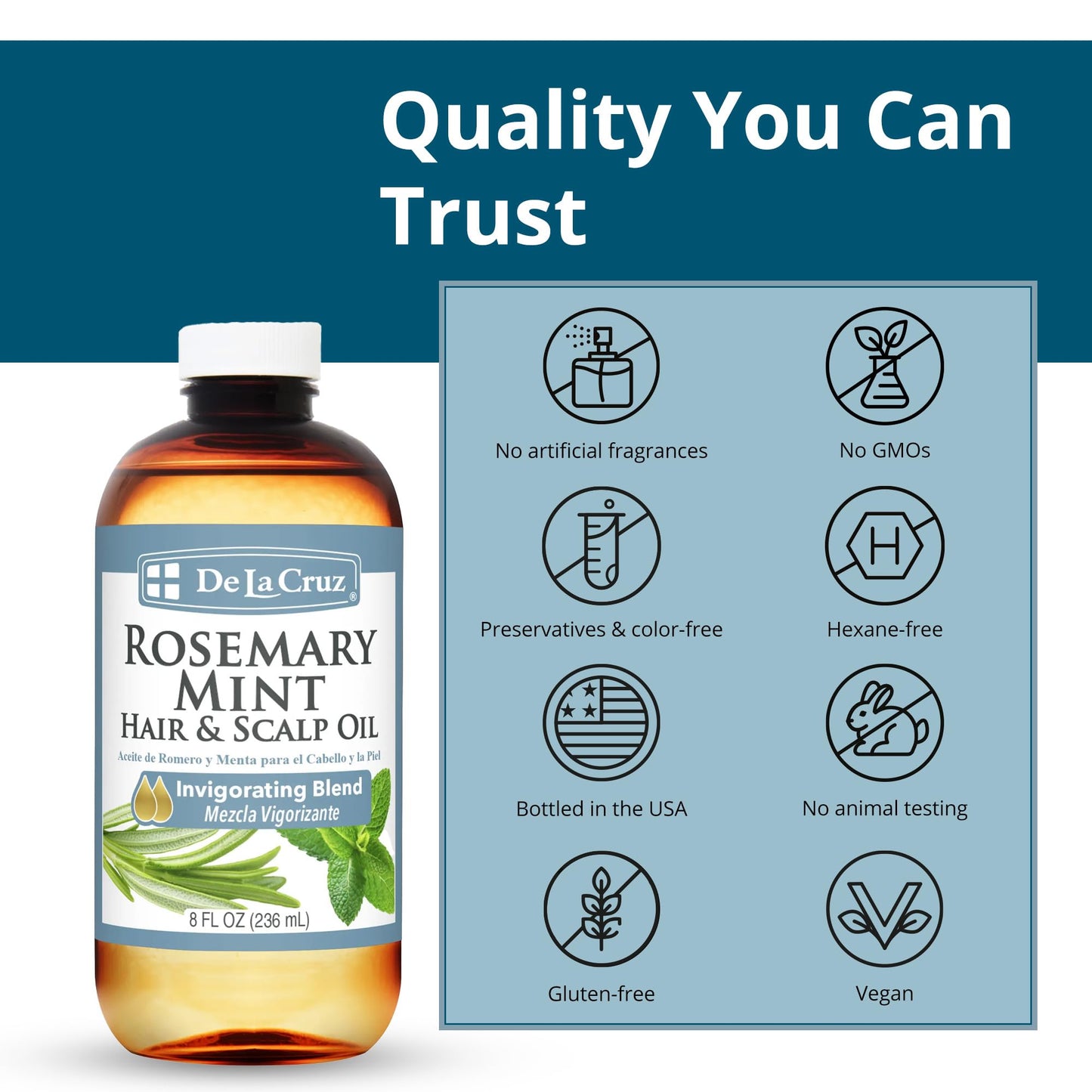 De La Cruz Rosemary Mint Oil Blend for Hair & Scalp - Revitalizing Formula with Castor, Avocado and Olive Oils- Naturally Moisturizing - 8 FL OZ