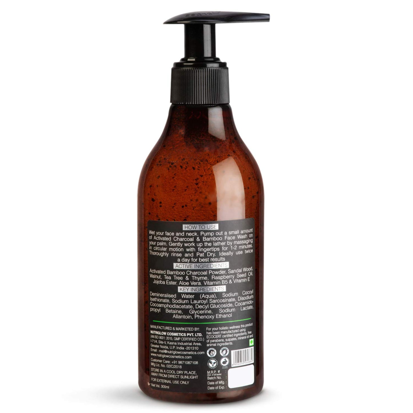 NUTRIGLOW NATURAL'S Bamboo & Charcoal Acne Face Wash With Rasberry Seed Oil, Jojoba Ester, Sandalwood & Aloe vera, Smoothen & Detox, Skin Lightening