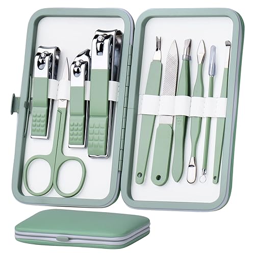HANTEKAS Manicure Set 10 in 1 Stainless Steel, Nail Clippers Scissors Pedicure Tools Kit - Portable Travel Grooming Kit for Men and Women with Leather