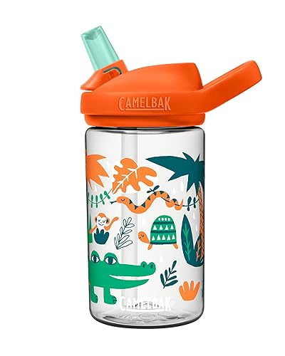CamelBak Eddy+ Kids Bite Valve Straw Tritan Renew Water Bottle Orange Jungle Animals, 14oz
