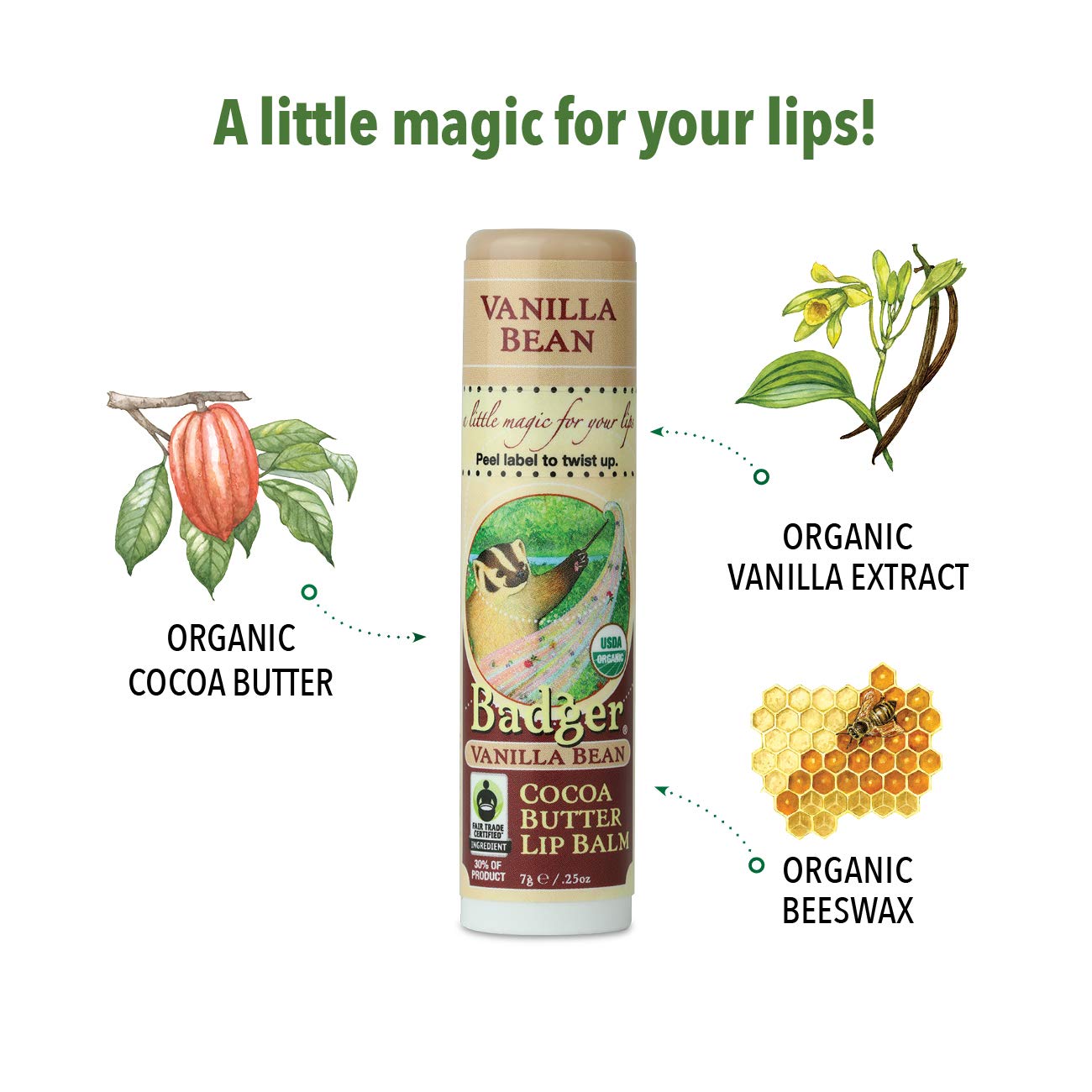 Badger - Cocoa Butter Lip Balm, Creamy Cocoa, Certified Organic Lip Balm, Fair Trade, Natural Lip Balm, Lip Butter, Lip Balm Cocoa Butter, Cocoa Care