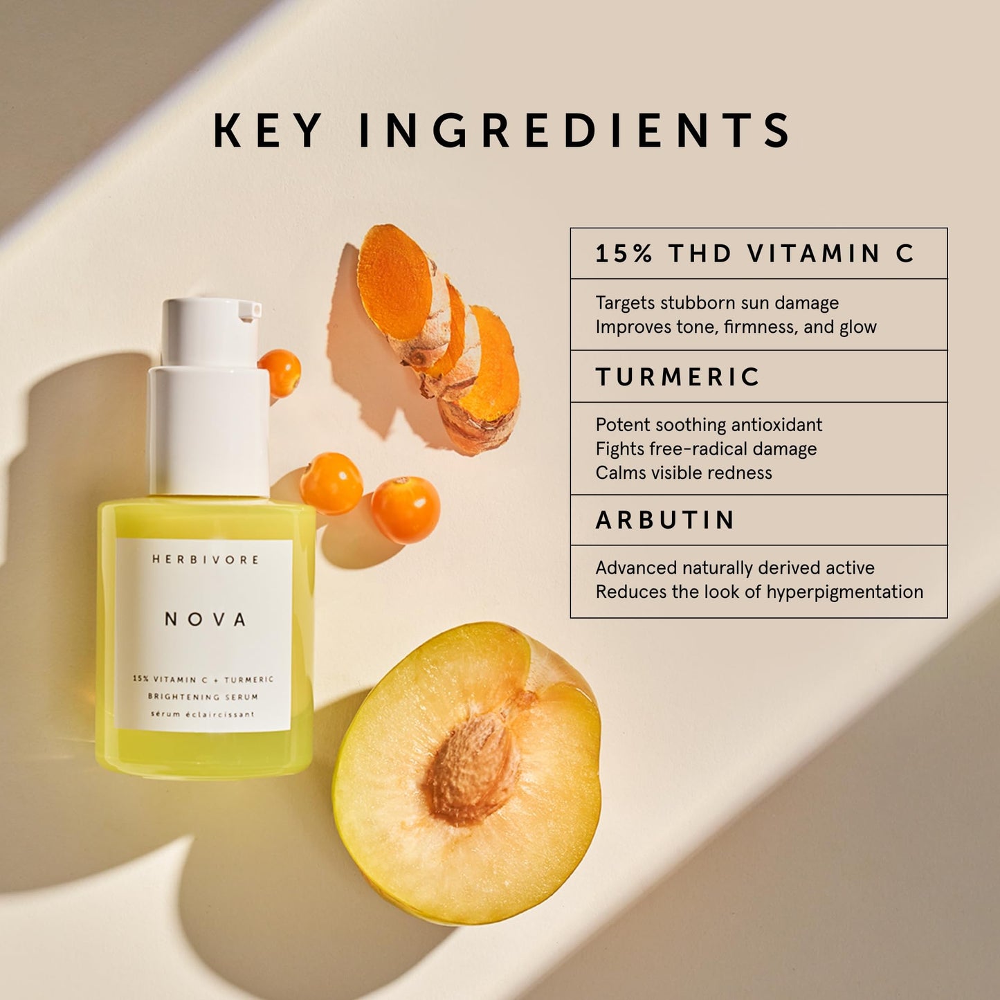 HERBIVORE Nova 15% Vitamin C + Turmeric Brightening Serum for Dark Spots, Hyperpigmentation + Even Skin Tone | Vegan, Plant-Based, Cruelty-Free, 30