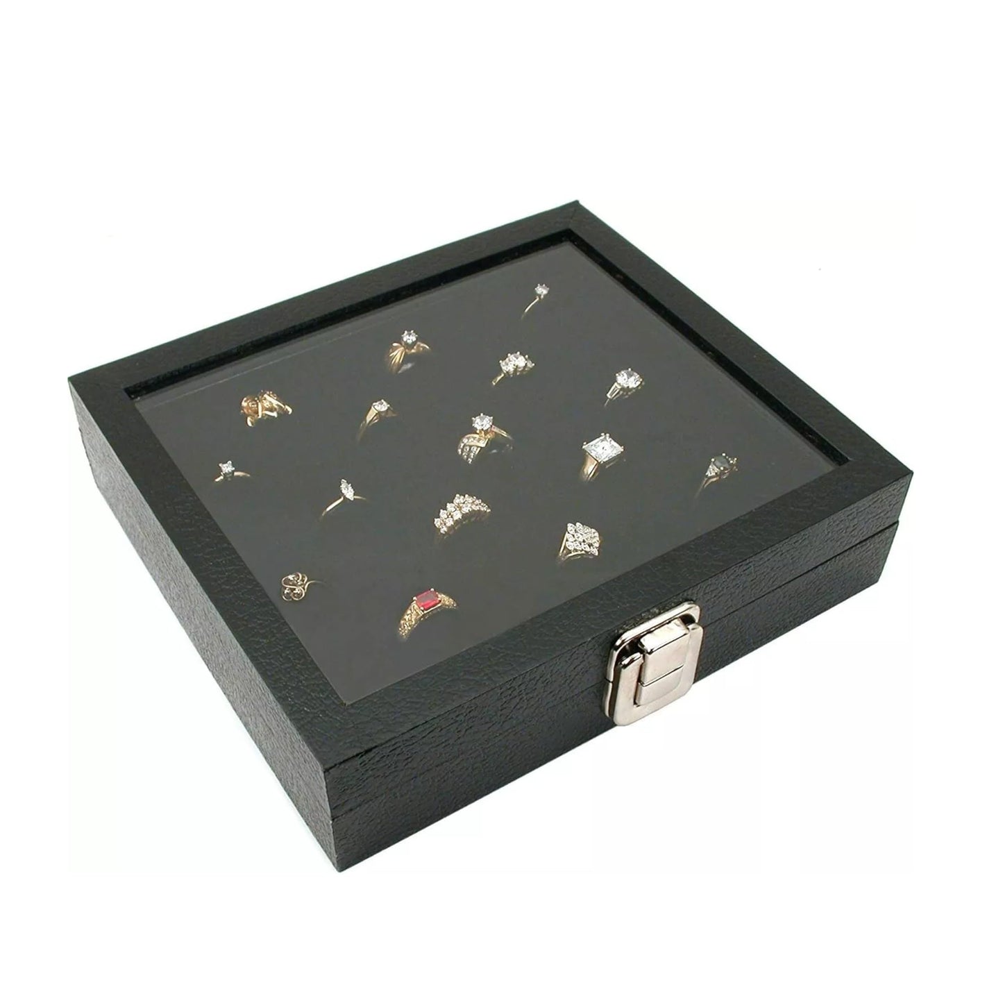 Novel Box Ring Display Glass Case Black 8.25x7.25x2 Inches with 36-Slot Black Ring Foam Insert - Travel Ring Case with Metal Clasp - Jewelry Box…