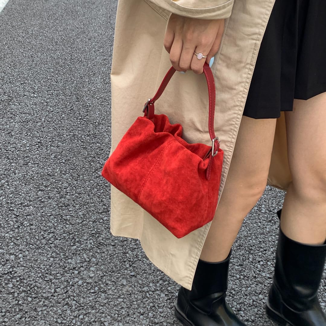 Suede Hobo Bags for Women Suede Tote Handbag Drawstring Bucket Bag Slouchy Crossbody Shoulder Bag Satchel Everyday Purse (Red)