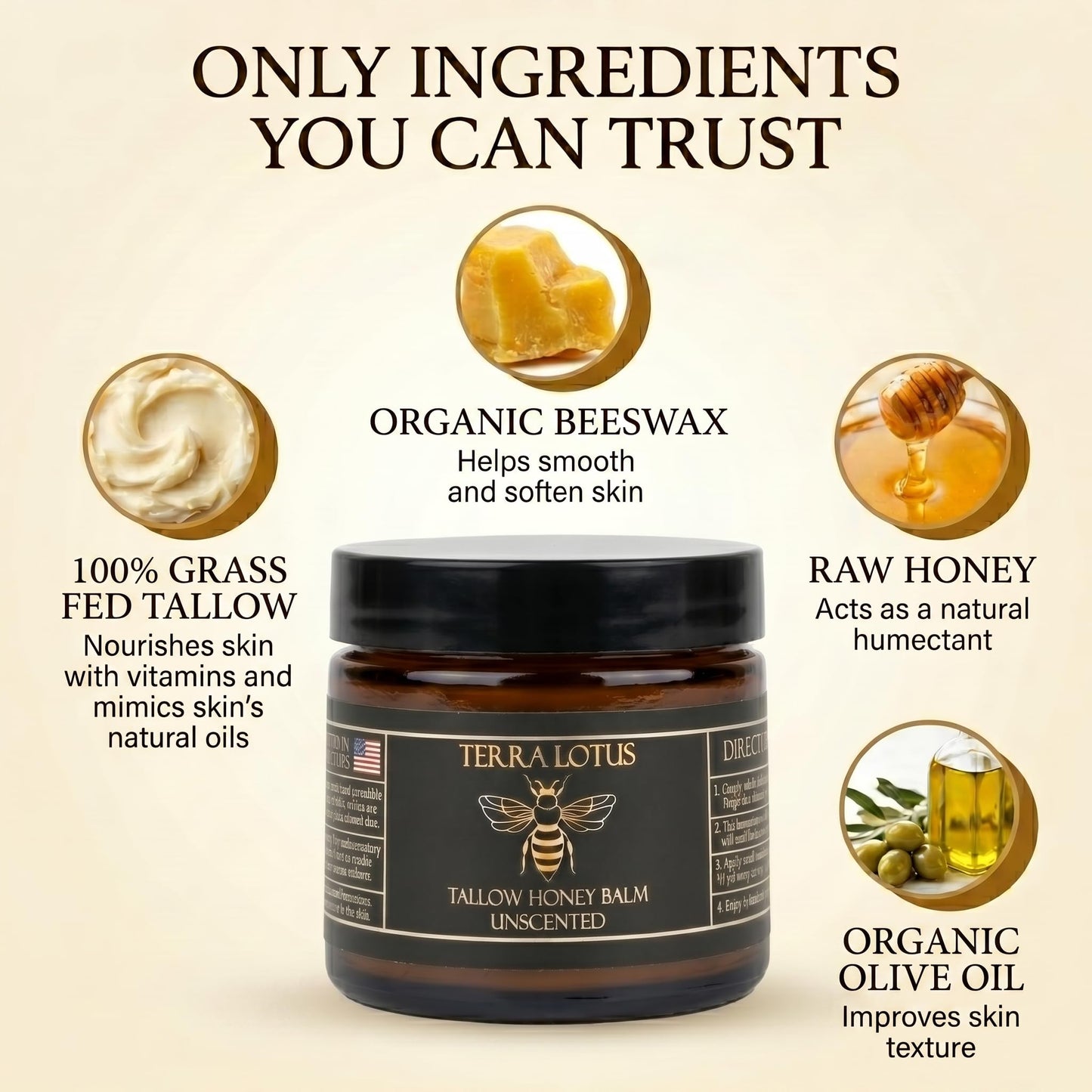Terra Lotus - Organic Grass-Fed Beef Tallow Balm with Raw Honey - Moisturizing Cream for Soft, Smooth Skin - Handmade All-Natural Moisturizer (2 Oz Beauty and Personal Care Terra Lotus