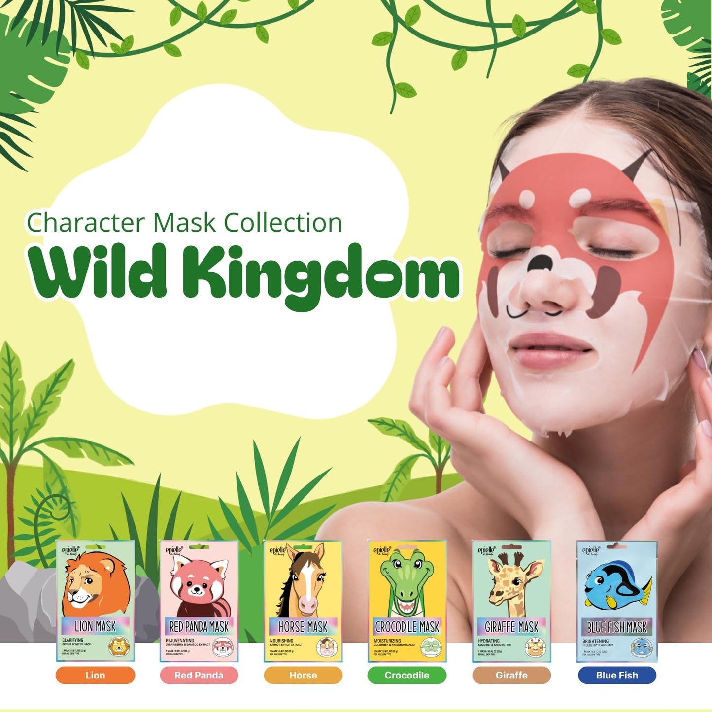 Epielle Character Face Mask Wild Kingdom 6 Pack, Fun & Effective Korean Skin Care, Spa Party Favors, Stocking Stuffers, Birthday Gifts for Women, Self