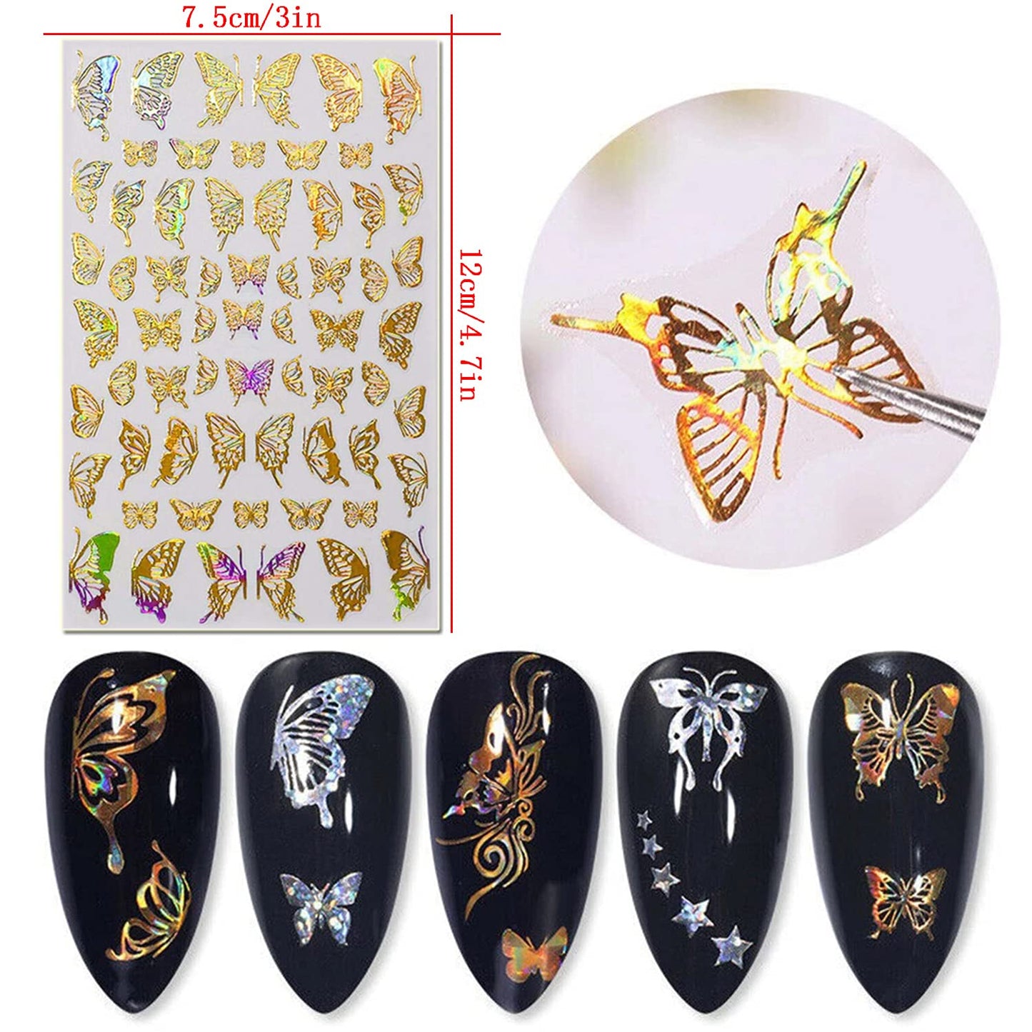 8 Sheets Butterfly Nail Adhesive Sticker - Laser Craft Glitter Gold and Silver Shapes for Art Design and Decoration - 3D Luxury Foils for Acrylic