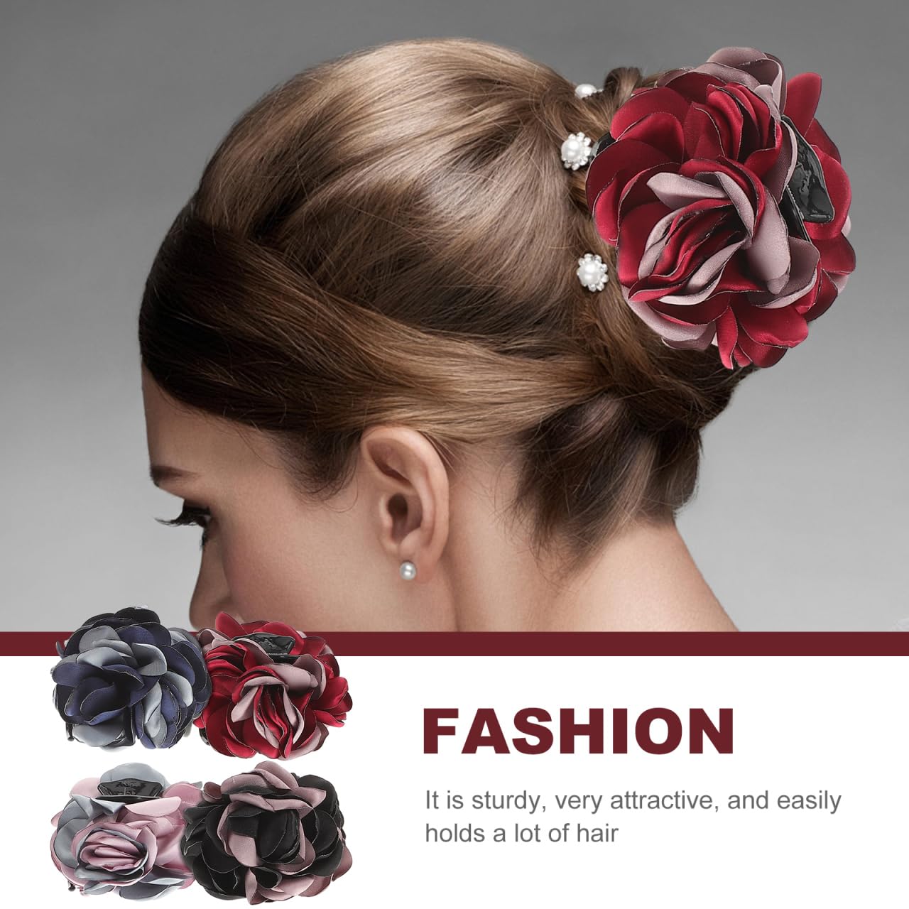 Lurrose 4Pcs Ribbon Hair Claws Large Claw Clamps Rose Flower Bow Jaw Hair Clip Barrette Ponytail Holders for Girls Women