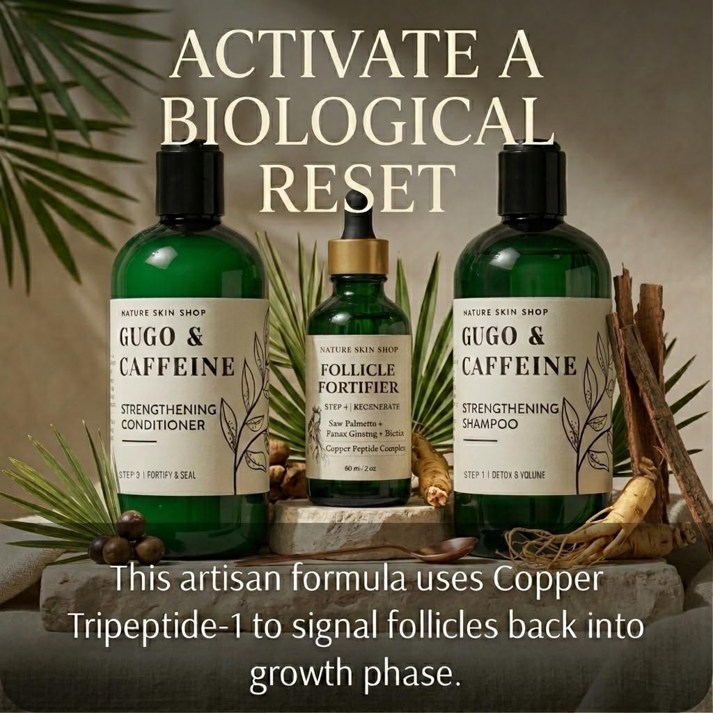Nature Skin Shop Gugo and Copper Peptide Hair Mastery System 3 Piece Set with Strengthening Shampoo, Conditioner and 2 oz Scalp Serum