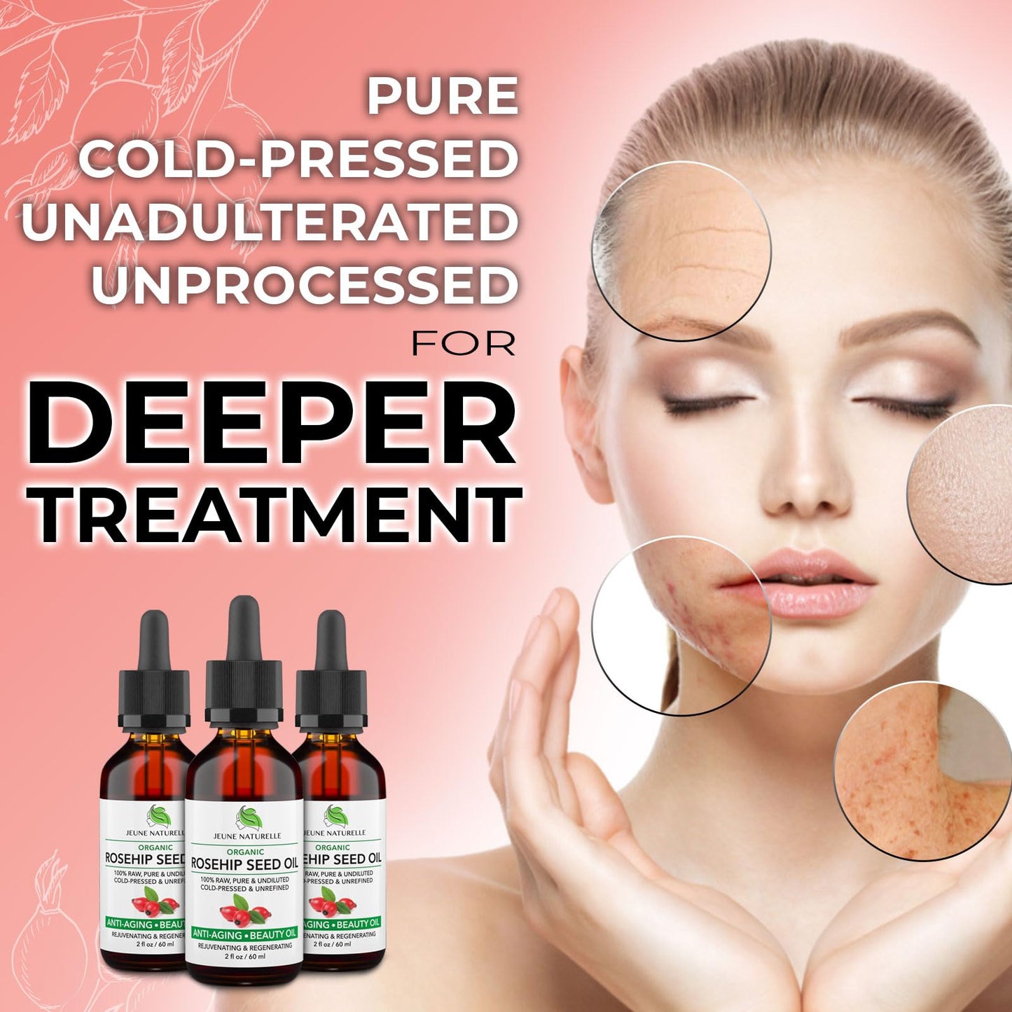 Rosehip Oil - Pure, Virgin, Cold Pressed - From Whole Berries (Pulp & Seeds), Natural Deep Orange Hue for Intensive Skin Repair - Undiluted Organic