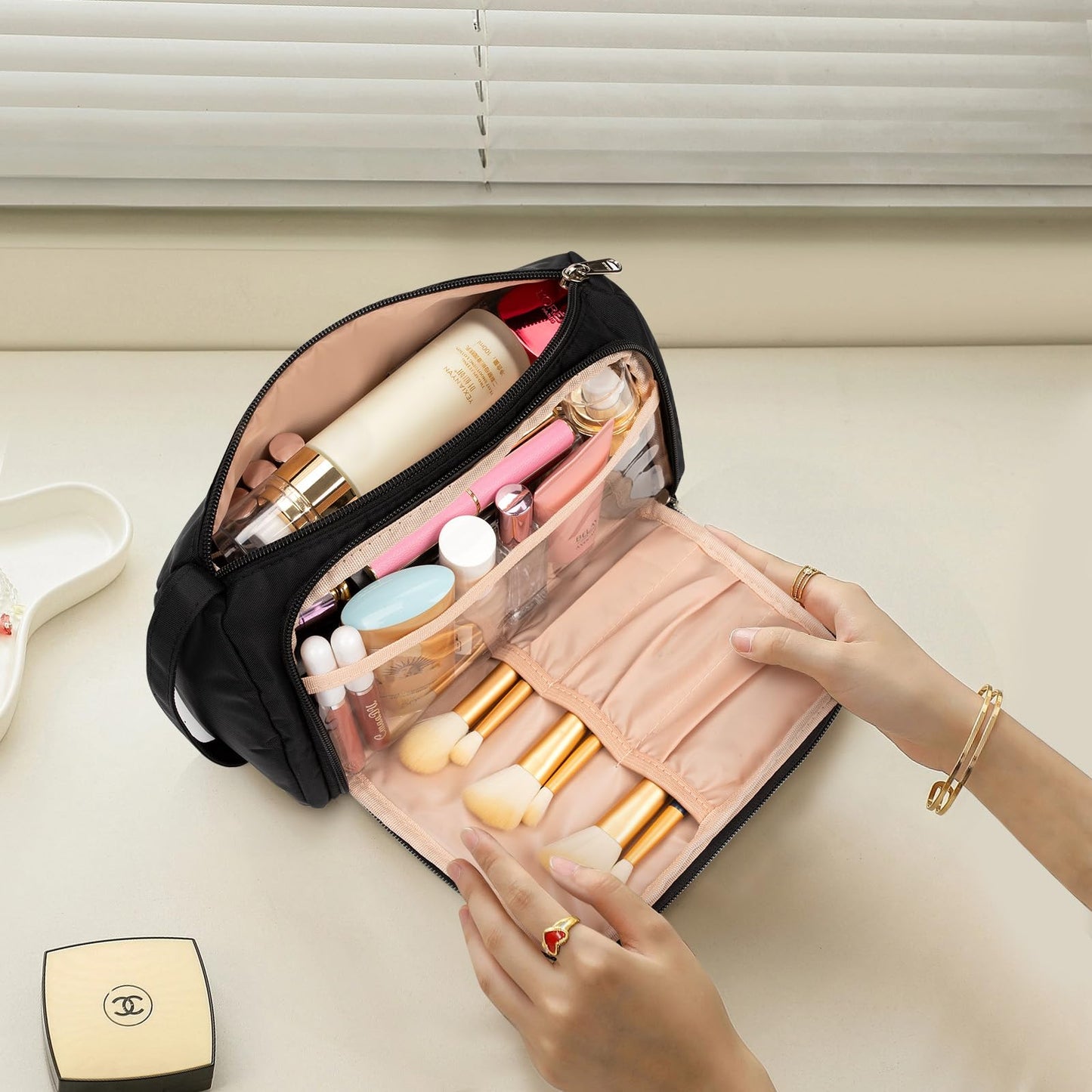 CUBETASTIC Small Makeup Bag – Travel Cosmetic Pouch Organizer for Women & Girls, Durable Black Oxford Cloth Makeup Case