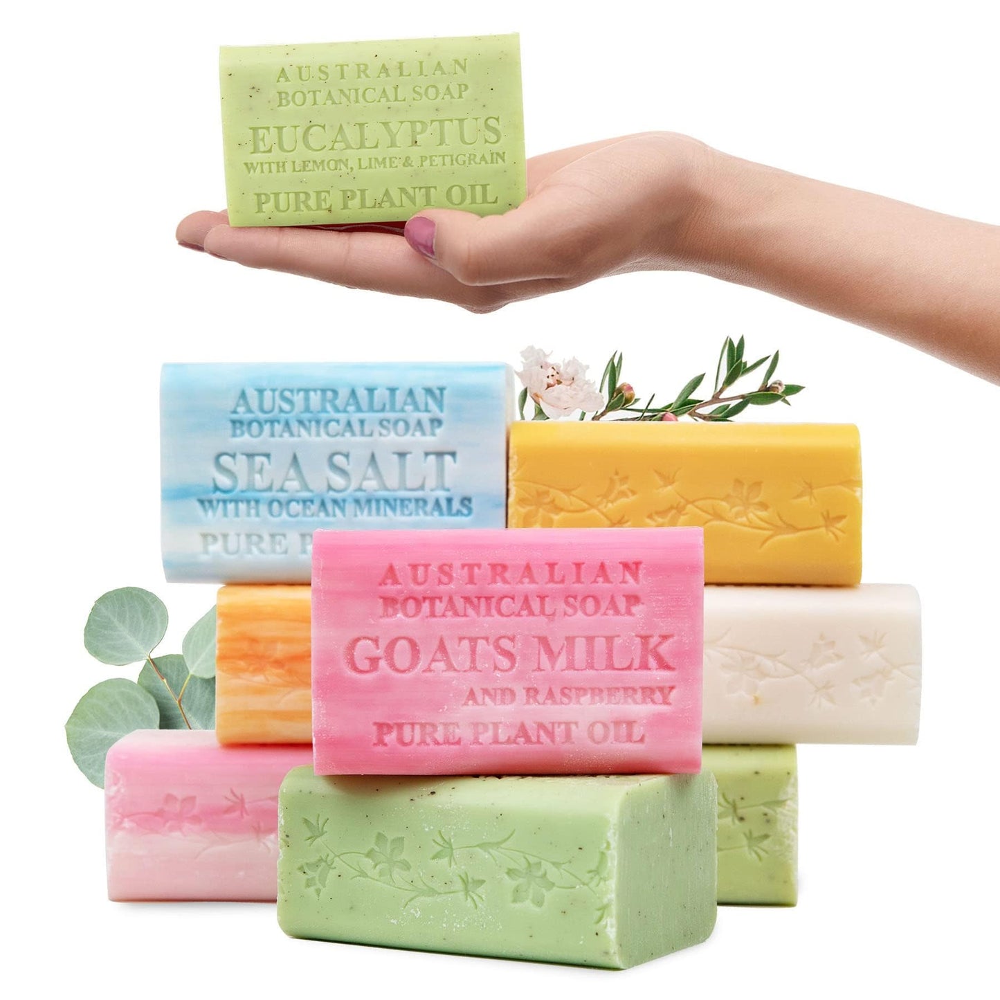 Australian Botanical Soap Variety Pack, 6.6 oz Bars - Goat Milk, Eucalyptus, Manuka Honey, Sea Salt, Pink Lychee, Lemongrass, Raspberry, Valencia