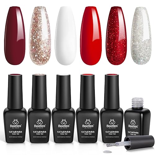 Beetles Gel Nail Polish - Candy Cane Gel Polish Set, 6 Color Burgundy Red Glitter White Silver Snow Holiday Sparkle Manicure Kit Soak off Uv Nail Art
