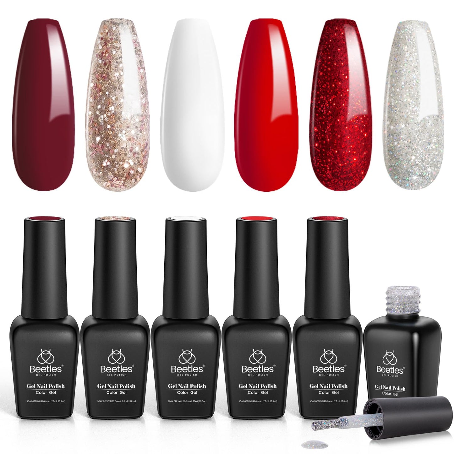 Beetles Gel Nail Polish - Candy Cane Gel Polish Set, 6 Color Burgundy Red Glitter White Silver Snow Holiday Sparkle Manicure Kit Soak off Uv Nail Art