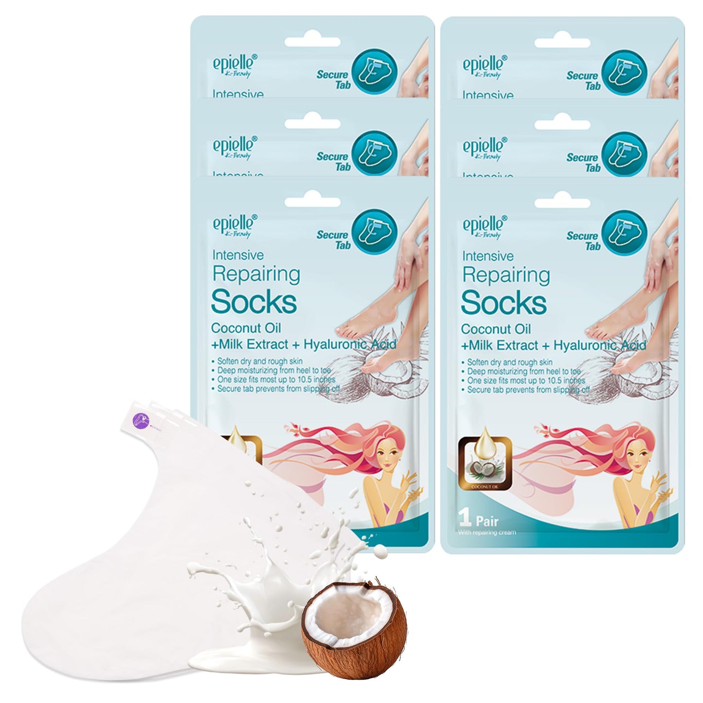Epielle Intensive Repairing Foot Mask 6 Pairs, Soften with Coconut Oil & Milk Extract, Deep Moisturizing Socks for Dry, Cracked Feet, Self Care Gifts Beauty and Personal Care Epielle
