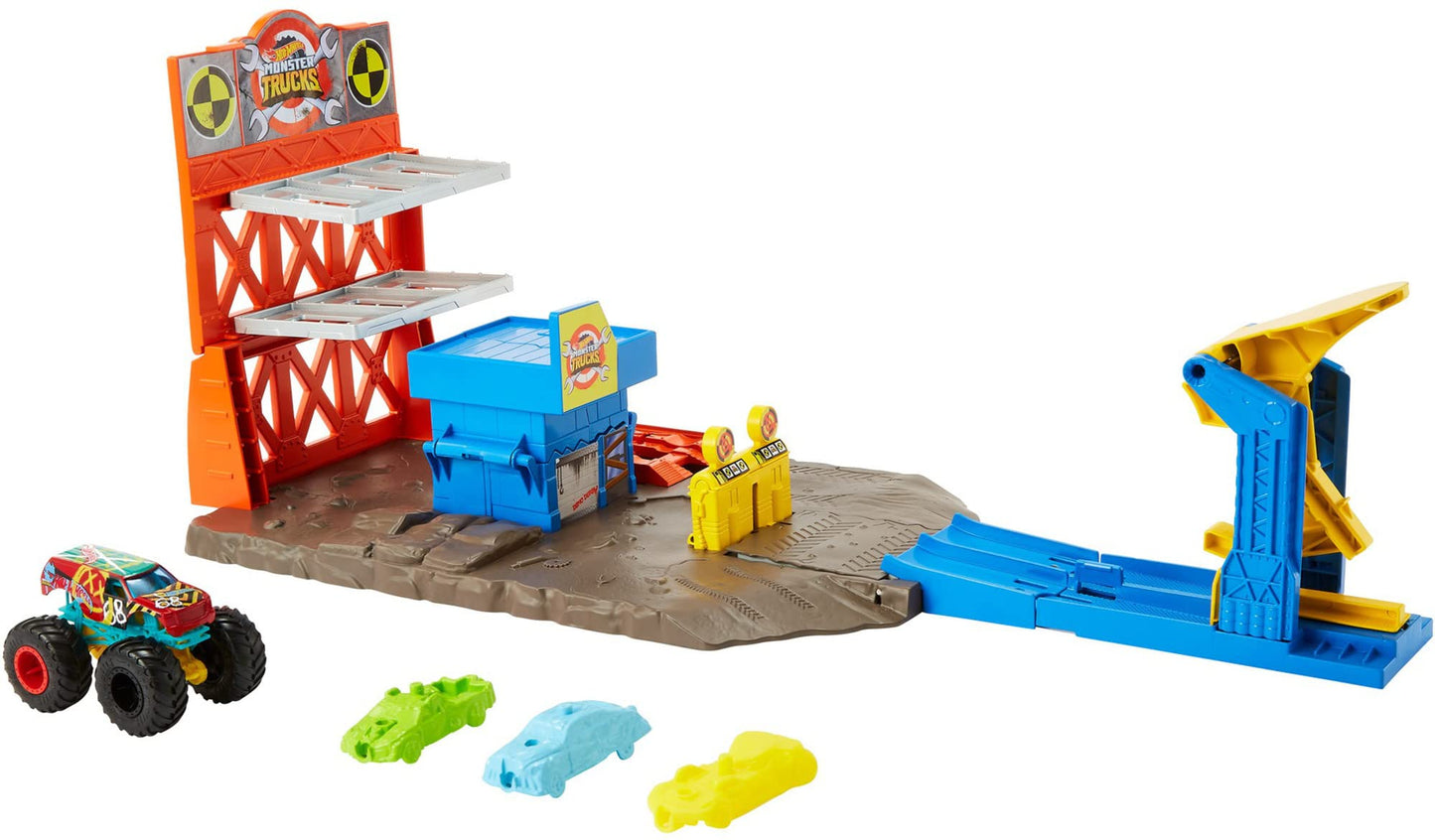 Hot Wheels Monster Trucks Blast Station Playset with 1:64 Scale Demo Derby Toy Truck & 3 Crushable Cars