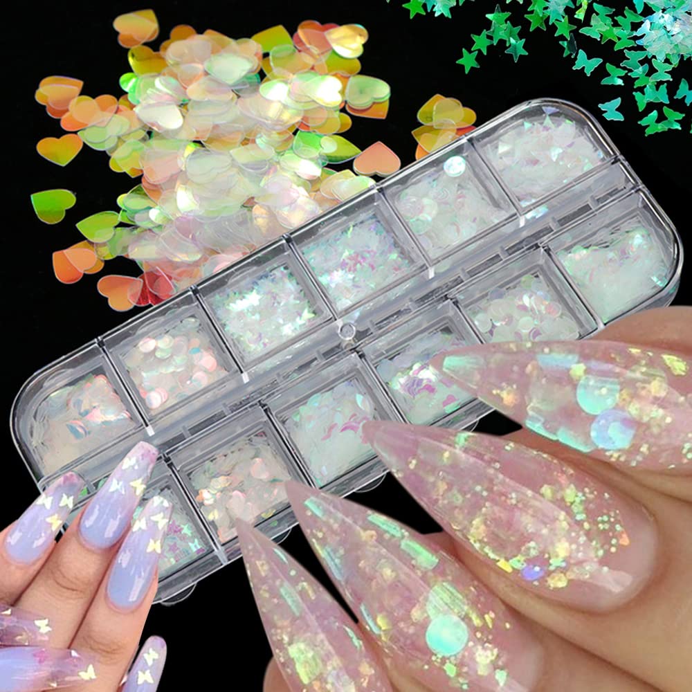 UARUOGP 24 Grids Holographic Nail Sequins and 1 Pcs Tweezers,Iridescent Mermaid Flakes Ultra-Thin Colorful Flakes Glitter Sticker,DIY Face Body Eyes