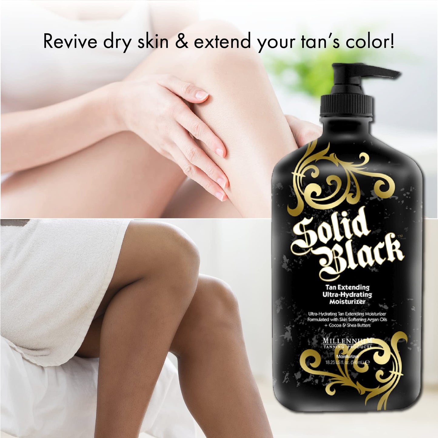 Millennium Tanning Solid Black Tan Extender Moisturizer Body Lotion Tattoo Enhancer with Argan Oils and Aloe Vera 18.25 Fl. Oz.