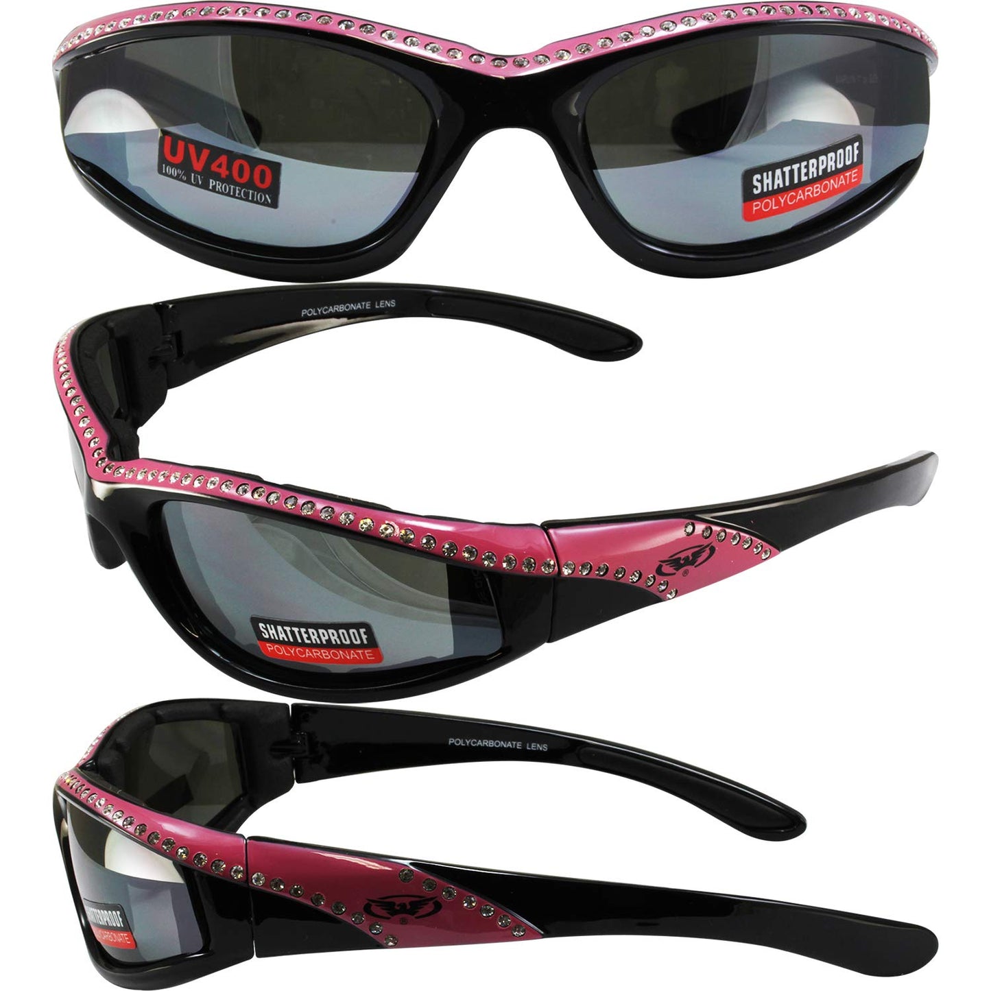 Global Vision Eyewear Marilyn 11 Women's Bling Black Motorcycle Sunglasses 2 Pair Pink & Red Frames Flash Mirror Lenses