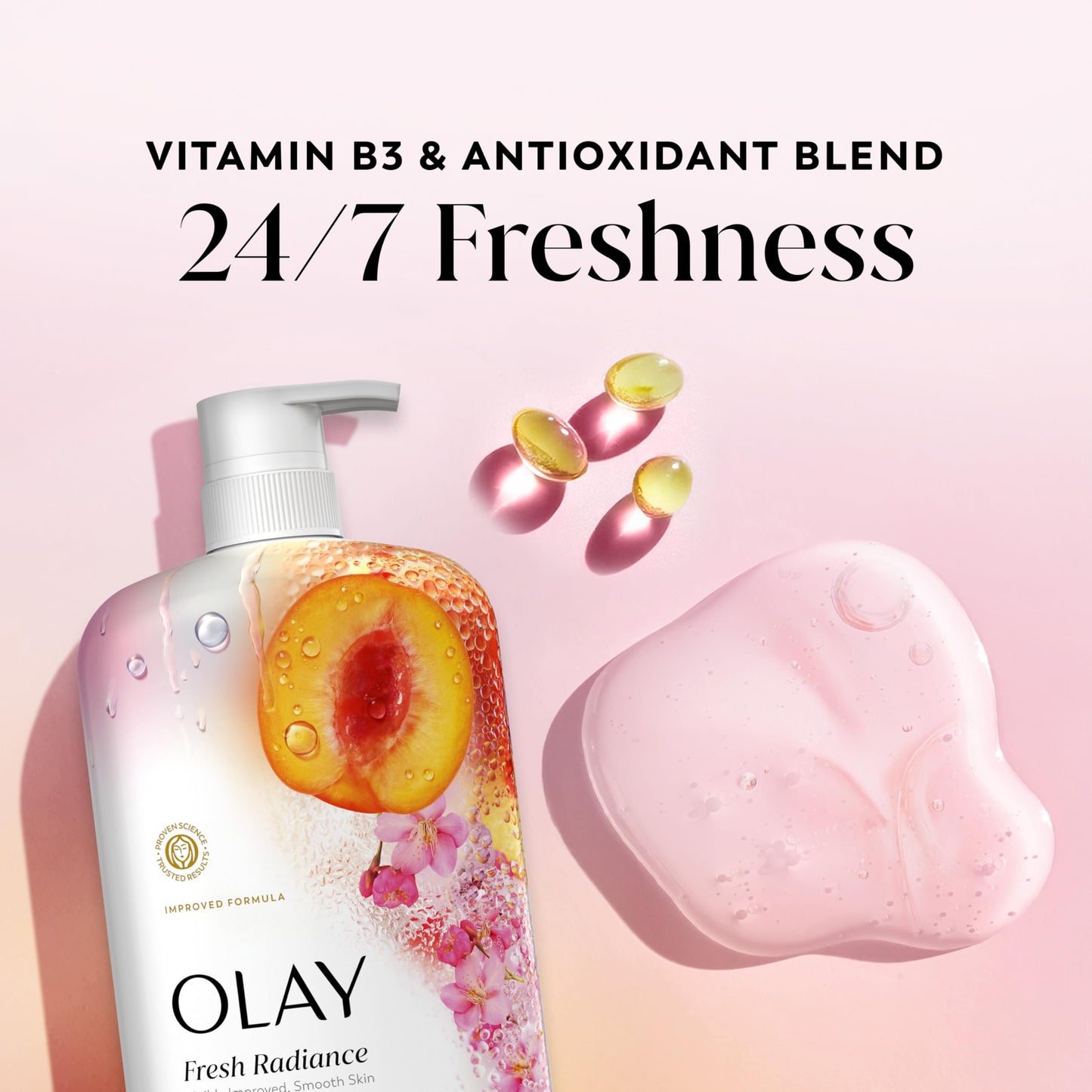 Olay Body Wash for Women, Fresh Radiance, 24/7 Skin-Loving Freshness, Visibly Radiant, Plant Based Cleansers, Vitamin B3 & Antioxidant Blend, For All