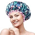 mikimini Medium Shower Cap for Girls and Women, Flamingo Shower Caps with Pink Lace, Reusable Waterproof Bathing Shower Hat for Girls