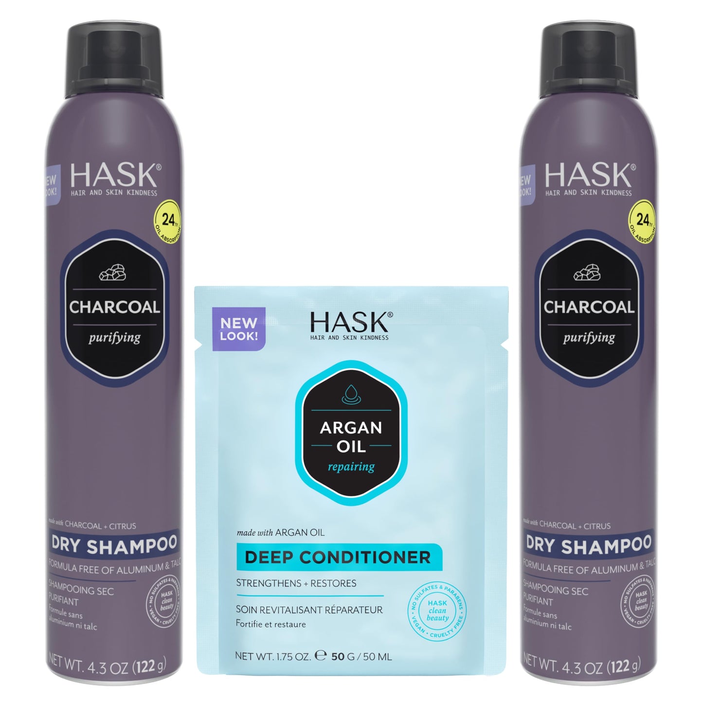 HASK Charcoal Clarifying Dry Shampoo Duo (4.3oz-Qty 2) & Argan Oil Repairing Deep Conditioner Packette, Aluminum-Free, Sulfate-Free, Paraben-Free