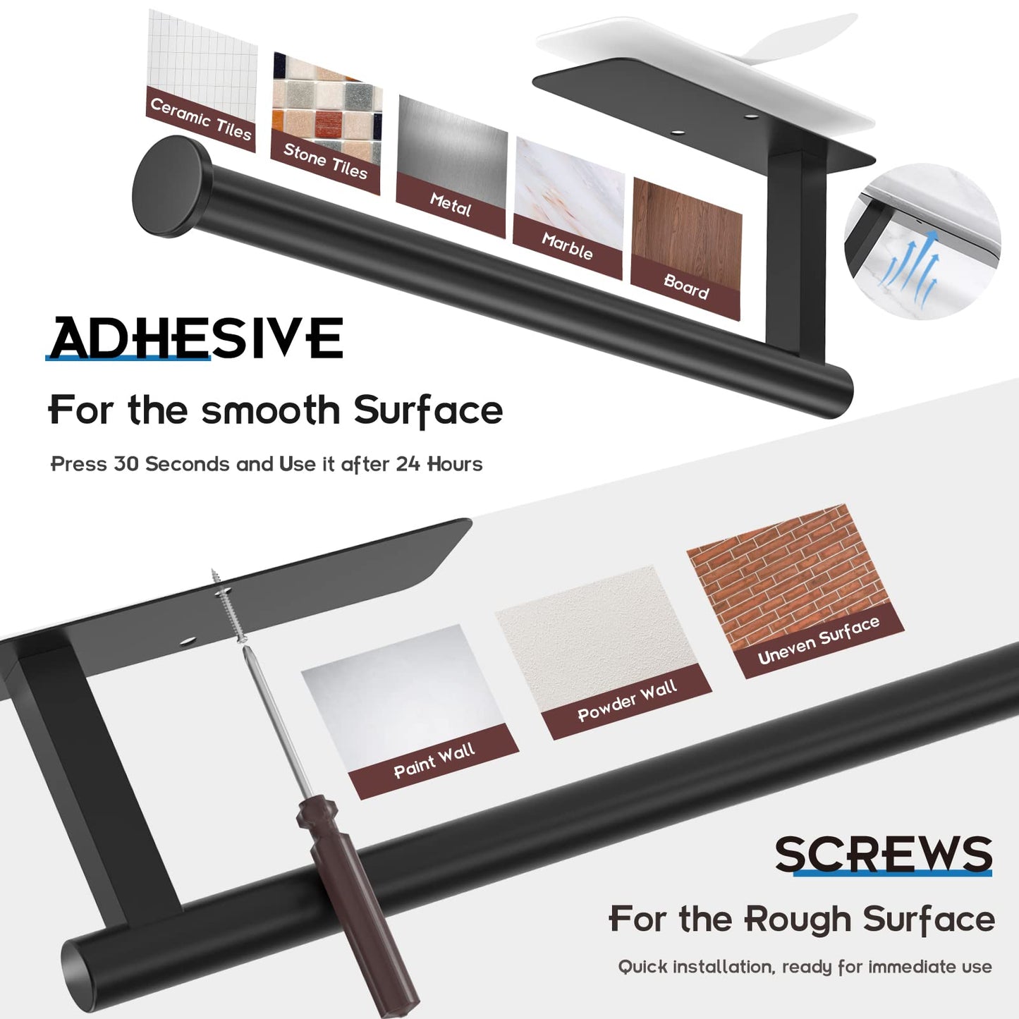 ASTOFLI 12" Paper Towel Holder – No-Drill Under Cabinet Mount, Self-Adhesive, 304 Stainless Steel – Matte Black for Kitchen/RV