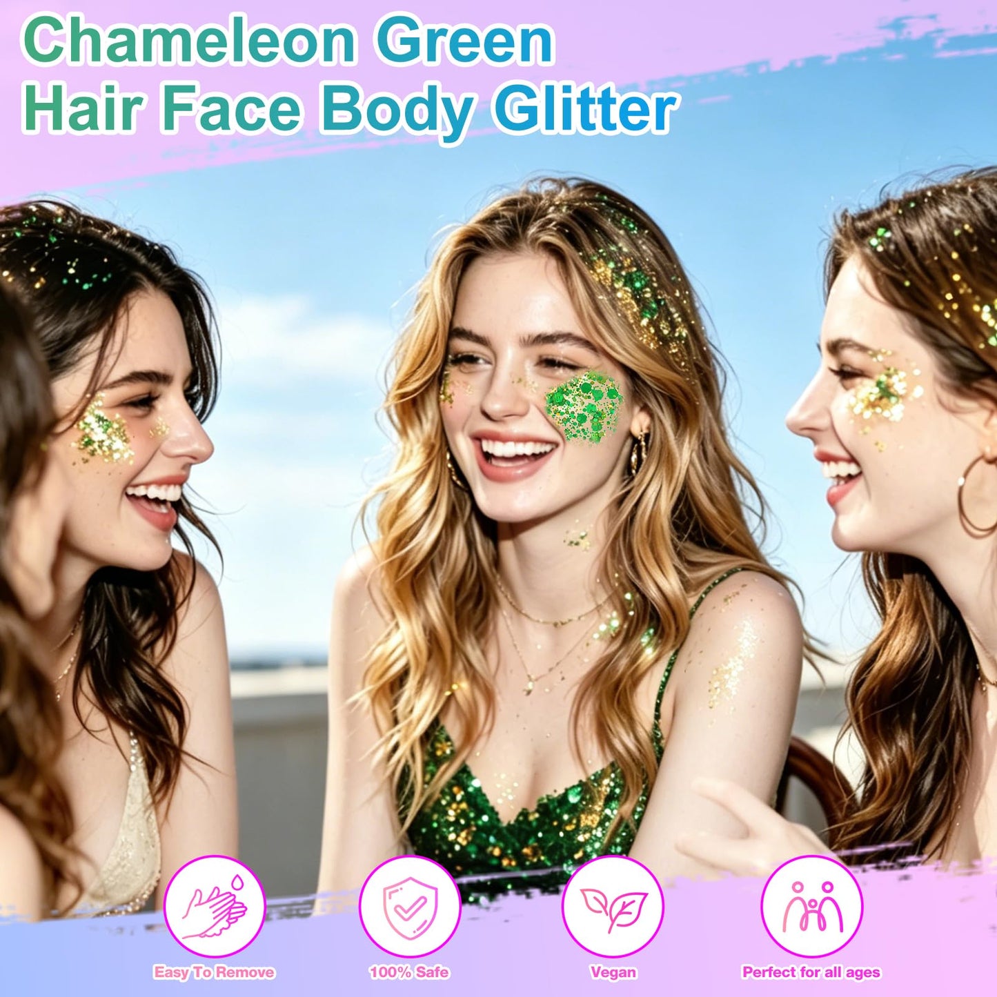 Green Face Glitter & Body Glitter Gel, Self-Adhesive Chunky Glitter Makeup for Face Body Hair, Easy Wash Off, Festival Rave Cosplay for Women Kids