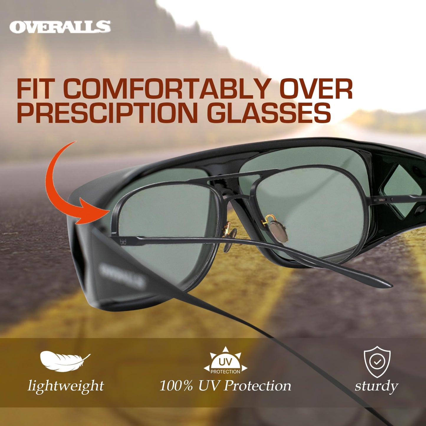 Overalls Over Glasses Sunglasses with Black Frame and Polarized Grey Lenses UV Protection Secure Fit