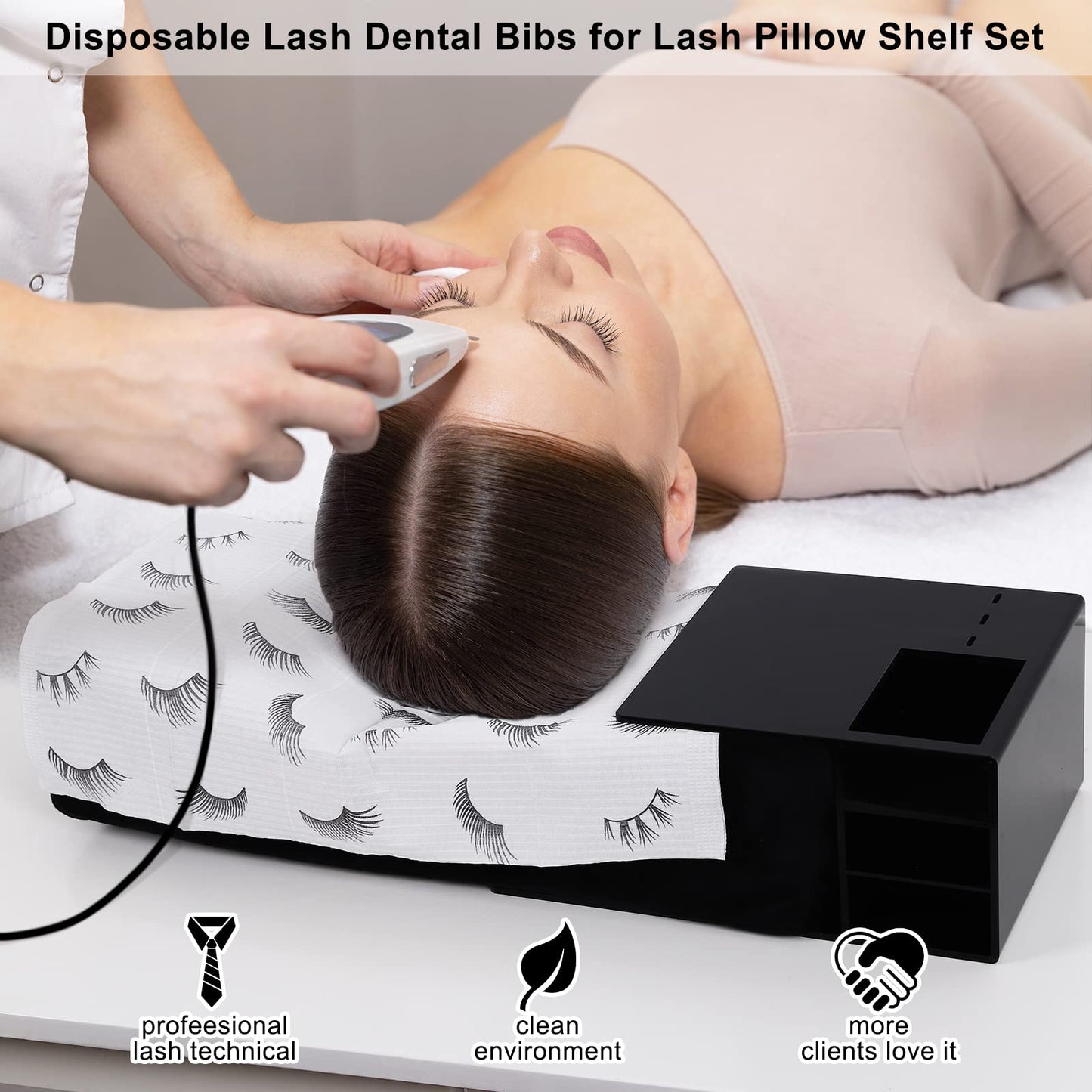 PRASNE Lashing Dental Bibs Disposable Pack of 125, Lash Pillow Cover of Lash Supplies, White 3-Ply Paper Poly Waterproof Towels, 13” x 18”, Black