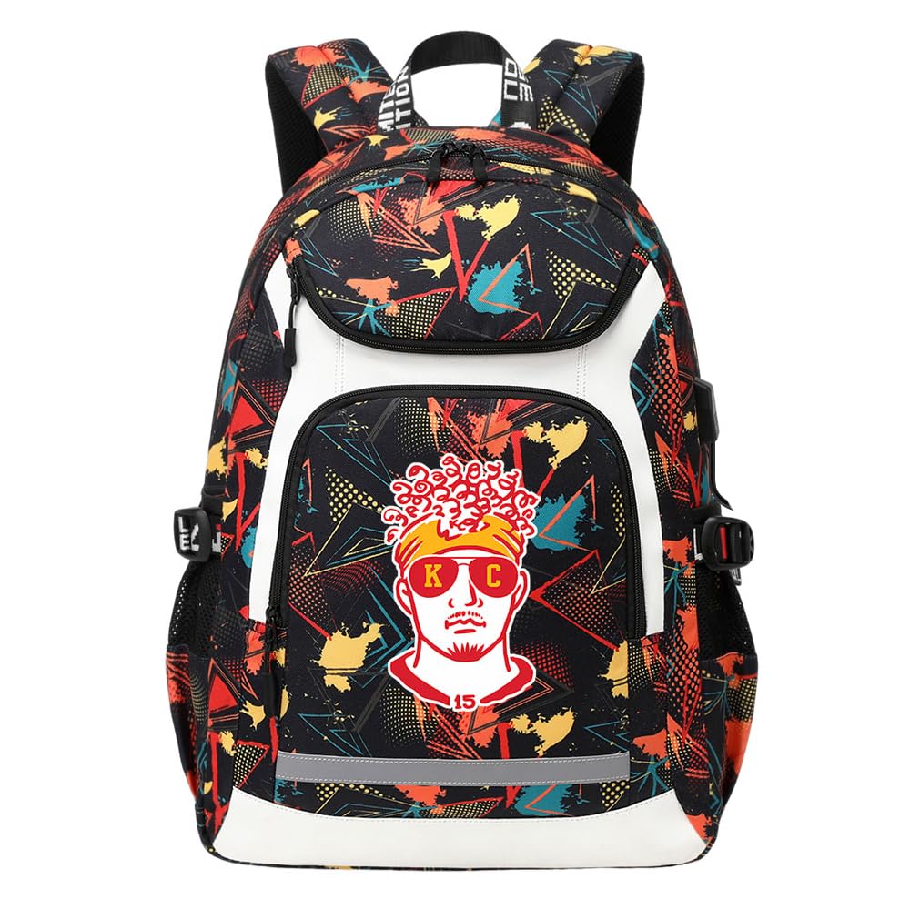 American Football Player 15 Multifunction Rugby Backpack Travel Laptop Daypack Night Reflective Strip Fans bag For Men Women (Red Pattern - 2)