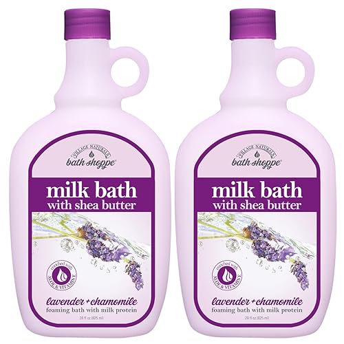 Village Naturals Bath Shoppe Moisturizing Lavender Chamomile Milk Bath - Hydrates Skin - Made with Shea Butter and Vitamin E (Pack of 2 Bottles, 28 fl