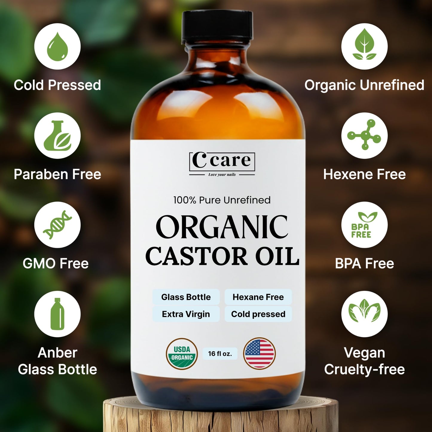 Castor Oil 100% Pure Organic Cold Pressed Unrefined Glass Bottle | USDA Certified Organic | Hexane Free Extra Virgin | for Hair Growth Eyebrows Beauty and Personal Care C CARE