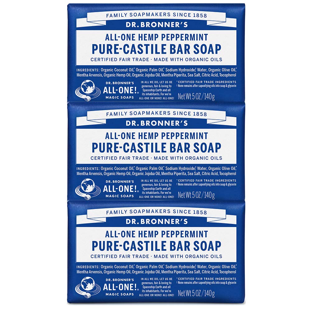 Dr. Bronner's - Pure-Castile Bar Soap (Peppermint, 5 ounce, 3-Pack) - Made with Organic Oils, For Face, Body and Hair, Gentle and Moisturizing