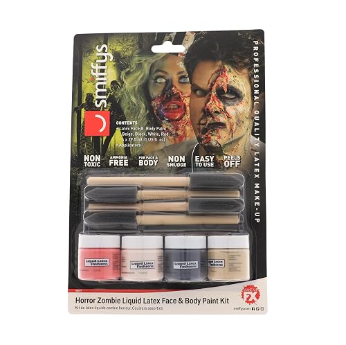 Horror Zombie Liquid Latex Face and Body Paint Kit- 4-Pack 1 Ounce, 4 Brush-Set Special Effects, Art, Theater, Parties, Cosplays, Carnivals