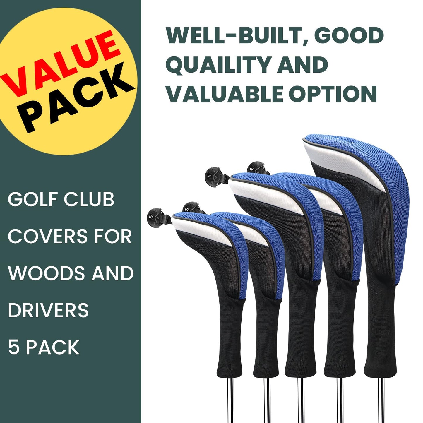 FINGER TEN Golf Club Head Covers Woods Driver Fairway Hybrid 3/4/5 Set, Headcovers Men 1 3 5 7 X Interchangeable Number Tag, Fit All Wood Clubs (5…