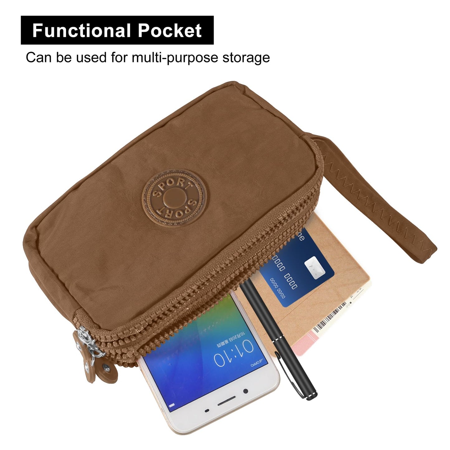 D-FLIFE Large Capacity Wristlet Wallet - Women 3 Layers Zipper Oxford Cloth Waterproof Handbag Purse (black+khaki)