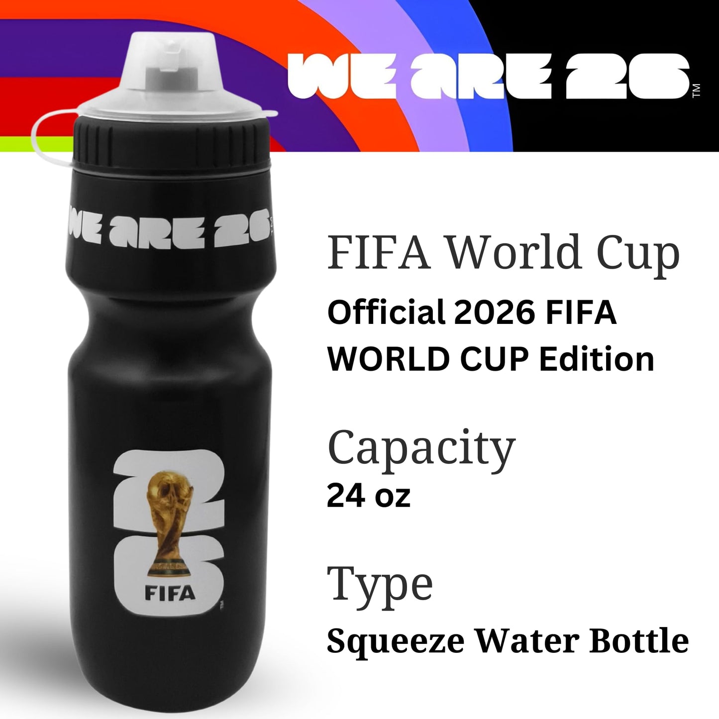 Official 2026 FIFA World Cup 24oz Refillable Squeeze Water Bottle - BPA-Free, Reusable, Dishwasher Safe with Pull-Top Cap - Designed for Everyday Use